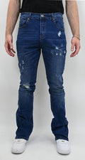 MID BLUE RIPPED STACKED JEANS