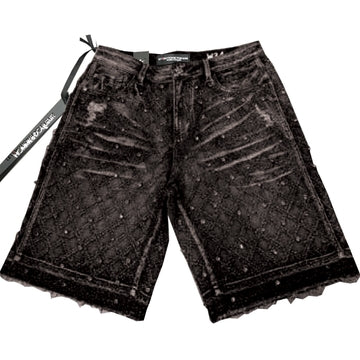 BAROQUE WEAVE FANCY STONE DENIM SHORT (BLACK)