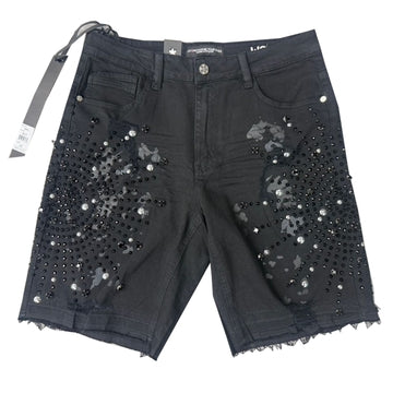 SPLATTER STUD & FANCY STONE BULL DENIM SHORT (BLACK)