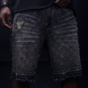 BAROQUE WEAVE FANCY STONE DENIM SHORT (ANTIQUE)