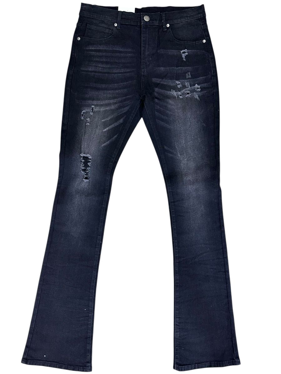 SBO JET BLACK RIPPED STACKED JEANS